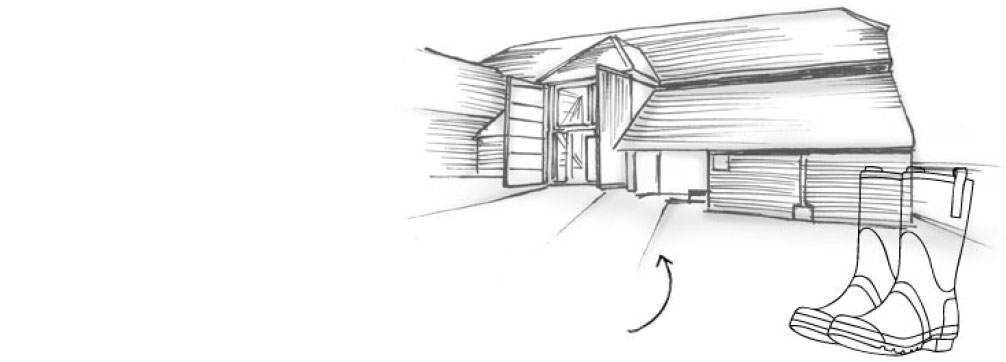 Building, boots, arrow showing has direction to building
