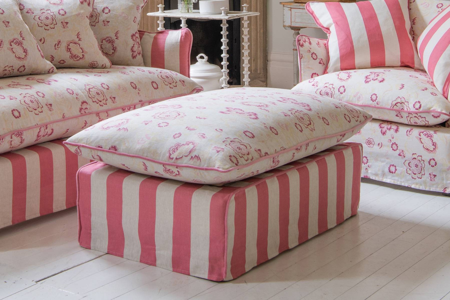 Cabbages and Roses Eleanor Footstool Raspberry