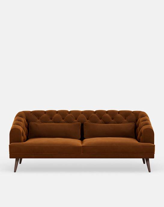 Available Now - Earl Grey Modern Chesterfield Sofa - 3 Seater - Studio Rich Stain Resistant Velvet Toffee