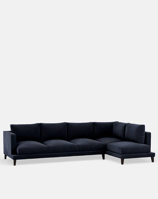 Available Now - Grace Modern Corner Sofa - 3.5 Seater - Studio Rich Stain Resistant Velvet Storm Blue