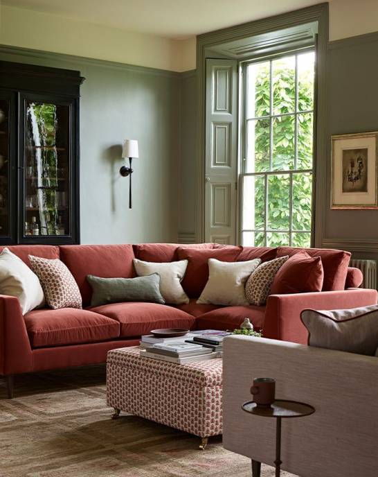 Available Now - Jake Modern Corner Sofa - 2.5 Seater - Studio Rich Stain Resistant Velvet Rose