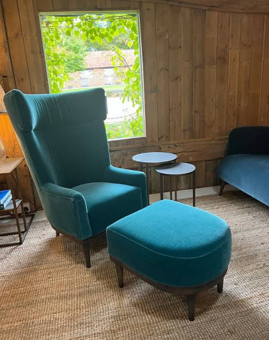 Ex Display - Oscar Wing Back Chair and Footstool - Mohair Velvet Lagoon