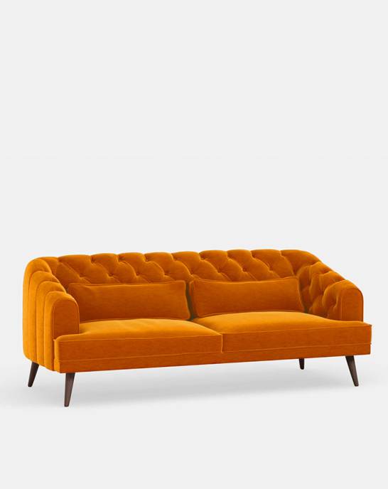 Ex Display - Earl Grey Modern Chesterfield Sofa - 3 Seater - Mohair Velvet Saffron